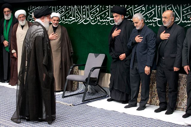 Hossein Salami, commander of Iranian Revolutionary Guard; Qasem Soleimani, commander of the Guard’s Quds force; and Muqtada al-Sadr, leader of Iraq’s Shiite Sadrist Movement, salute Supreme Leader Ali Khamenei