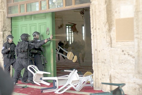 Police use pepper spray on Arab rioters on the Temple Mount - Feb. 7, 2014.