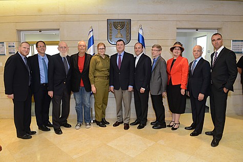 Nefesh B’Nefesh Co-Founder and Executive Director Rabbi Yehoshua Fass, Yosef Abramowitz, Professor Shimon Glick, Yaakov Kirschen, Lt. Nira Lee, Speaker of the Knesset, MK Yuli (Yoel) Edelstien, Joseph Gitler, Jeffrey Hausdorff, Rabbanit Malke Bina, Nefesh B’Nefesh Founder and Chairman, Tony Gelbart, and Nefesh B’Nefesh Vice Chairman, Erez Halfon. Photo by: Shahar Azran