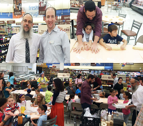 Top left (l to r): Chabad of Tamarac Rabbi Mendy Engel and Tamarac Winn-Dixie Store Director Anthony Ordonez; top right: challah-making activity; bottom: Challah-pa-looza at the Winn Dixie.