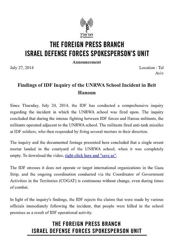 IDF UNRWA RELEASE