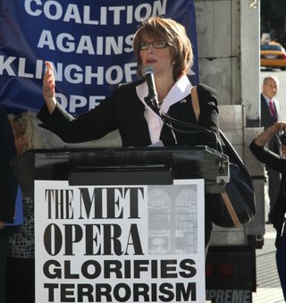 Laurie Cardoza-Moore, founder and president of Proclaiming Justice to the Nations, spoke at the anti-Klinghoffer rally in NYC on Sept. 22, 2014.