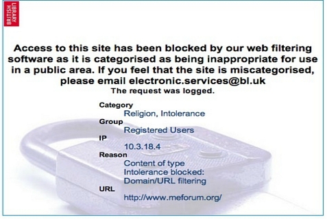 Notice that pops up if you enter "MEForum.org" in the British Library catalogue system.