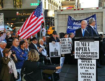 Former Attorney General Michael Mukasey spoke at the rally against the Met Opera staging the "Death of Klinghoffer" on Sept. 22, 2014.
