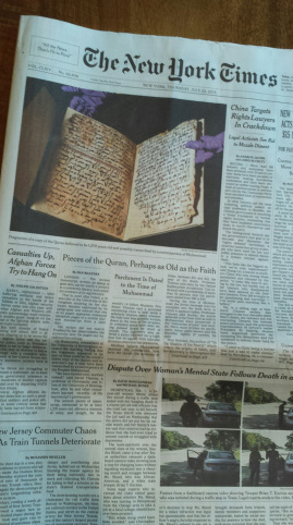 New York Times Front Page Story on Quran, July 23, 2015