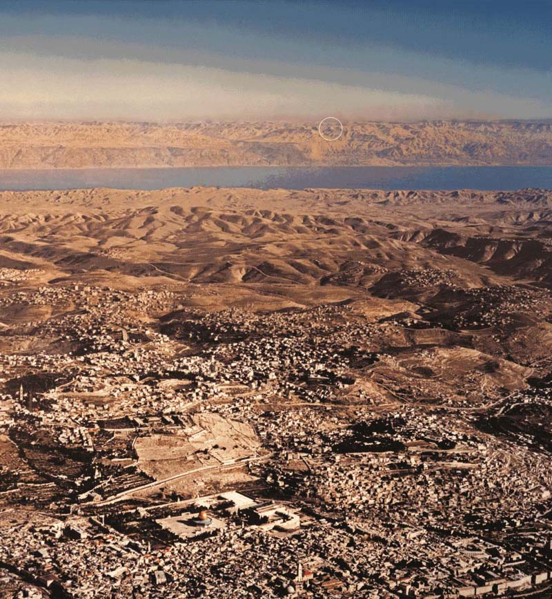 The line of sight view from the Temple Mount in Jerusalem to Machaerus (circled). / Photo credit: Courtesy of the Hungarian Archaeological Mission to Machaerus