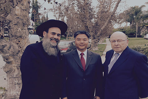 Rabbi Chaim Boruch Rubin and Stanley Treitel congratulate newly elected U.S. Congressman Ted Lieu who won the congressional seat previously held by Henry Waxman for the past 40 years.