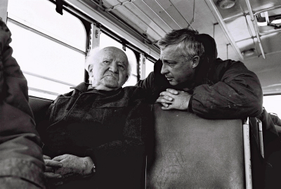 Major General Ariel Sharon talks with David Ben Gurion during a bus ride along the Israeli Army positions on the Egyptian border.