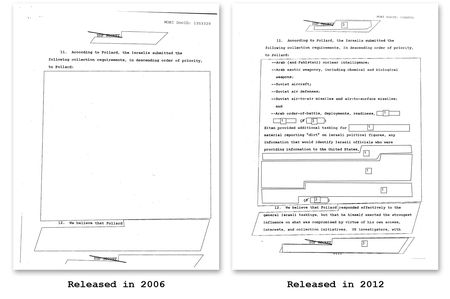 Highly redacted CIA document about Jonathan Pollard case. Click for larger version.