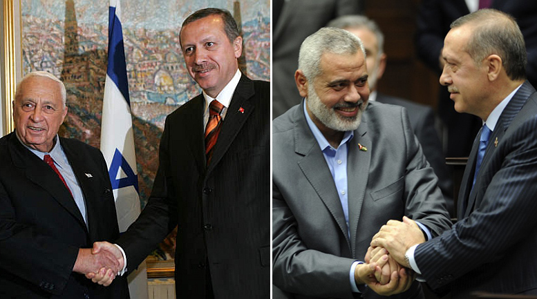 Which way will Turkish President Erdogan go on Israel? Left: Erdogan (then Prime Minister) shakes hands with then Israeli Prime Minister Ariel Sharon, on May 1, 2005. Right: Erdogan shakes hands with Hamas leader Ismail Haniyeh on January 3, 2012.