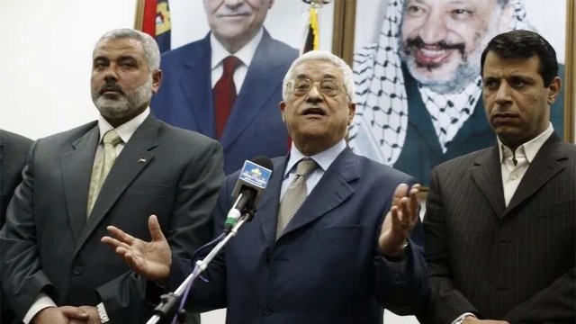 Mahmoud Abbas with Hamas’ Ismail Haniyeh and Mohammed Dahlan