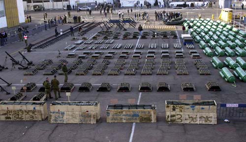 The weapons from the Karine A on display on an Israeli dock
