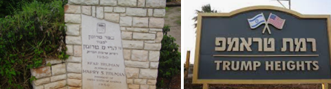 Entrance signs to the Israeli towns of Kfar Truman (left) and Trump Heights (righ Entrance signs to the Israeli towns of Kfar Truman (left) and Trump Heights (righ