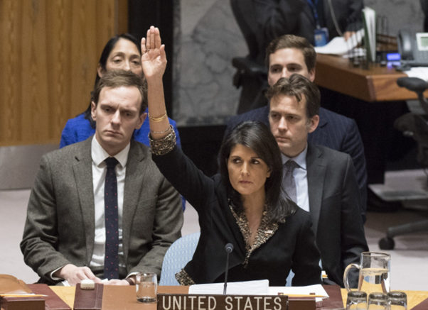 Then US Ambassador Nicky Haley vetoing a UN security council resolution condemning the US recognition of Jerusalem as the capital to Israel on December 18, 2017. Then US Ambassador Nicky Haley vetoing a UN security council resolution condemning the US recognition of Jerusalem as the capital to Israel on December 18, 2017.